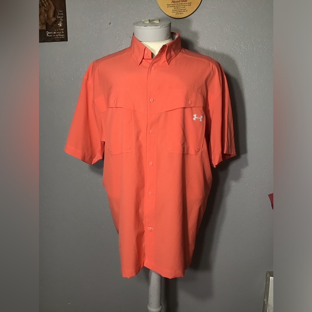 UNDER ARMOUR SHIRT HEATGEAR MEN’S BUTTON DOWN COLLAR SHORT SLEEVE Sz 2X ORANGE.